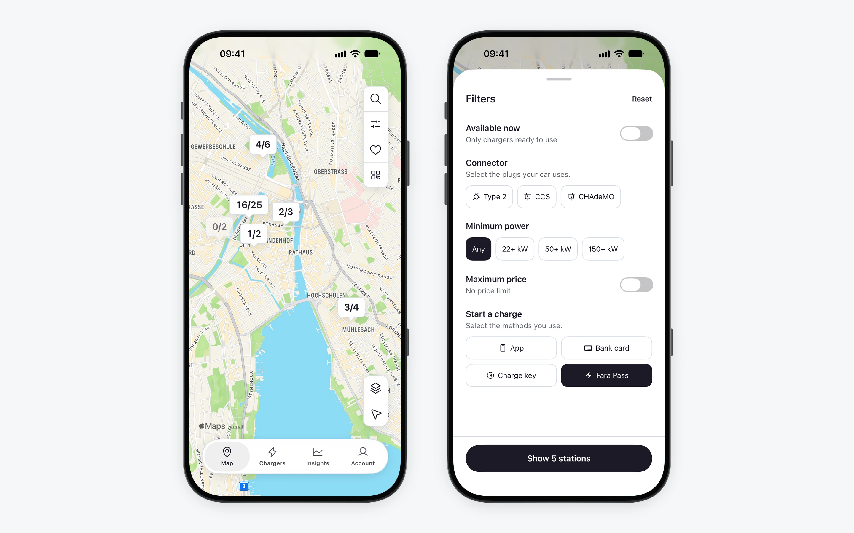Fara: finding a charger on the map, and filtering by how you pay