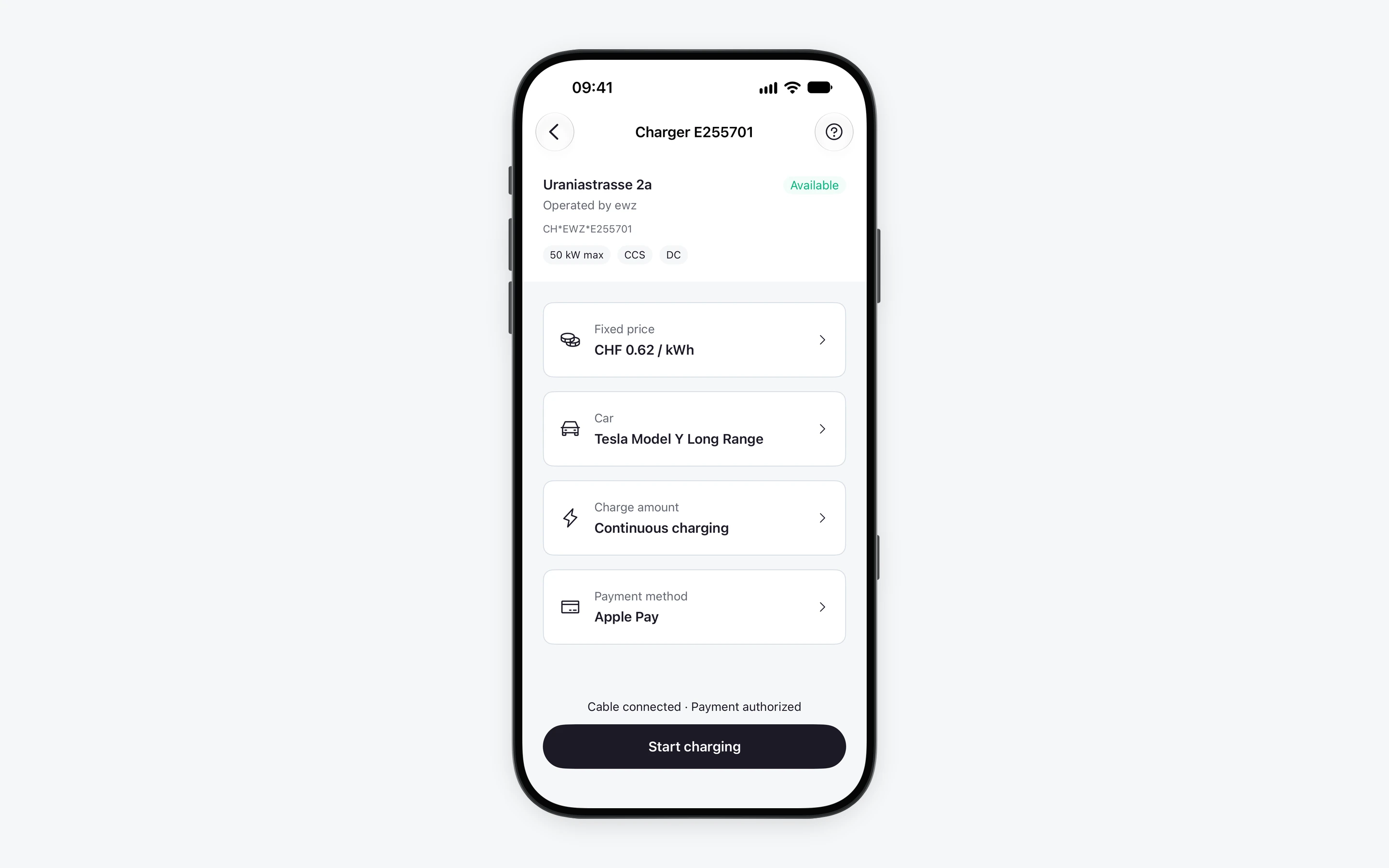 Fara: setting up a charge — price, car, amount and payment
