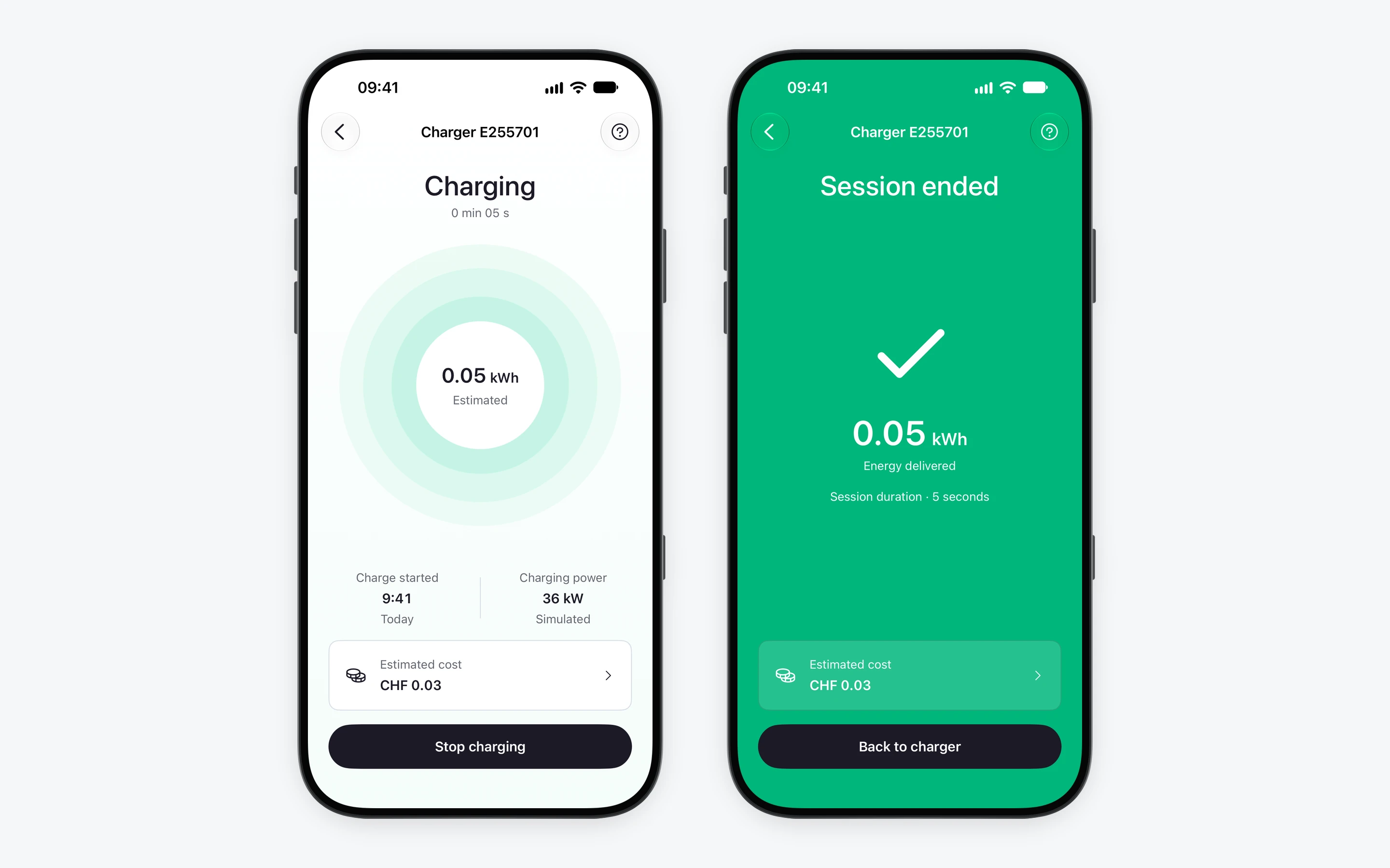 Fara: active charging and the completed session summary on a green screen