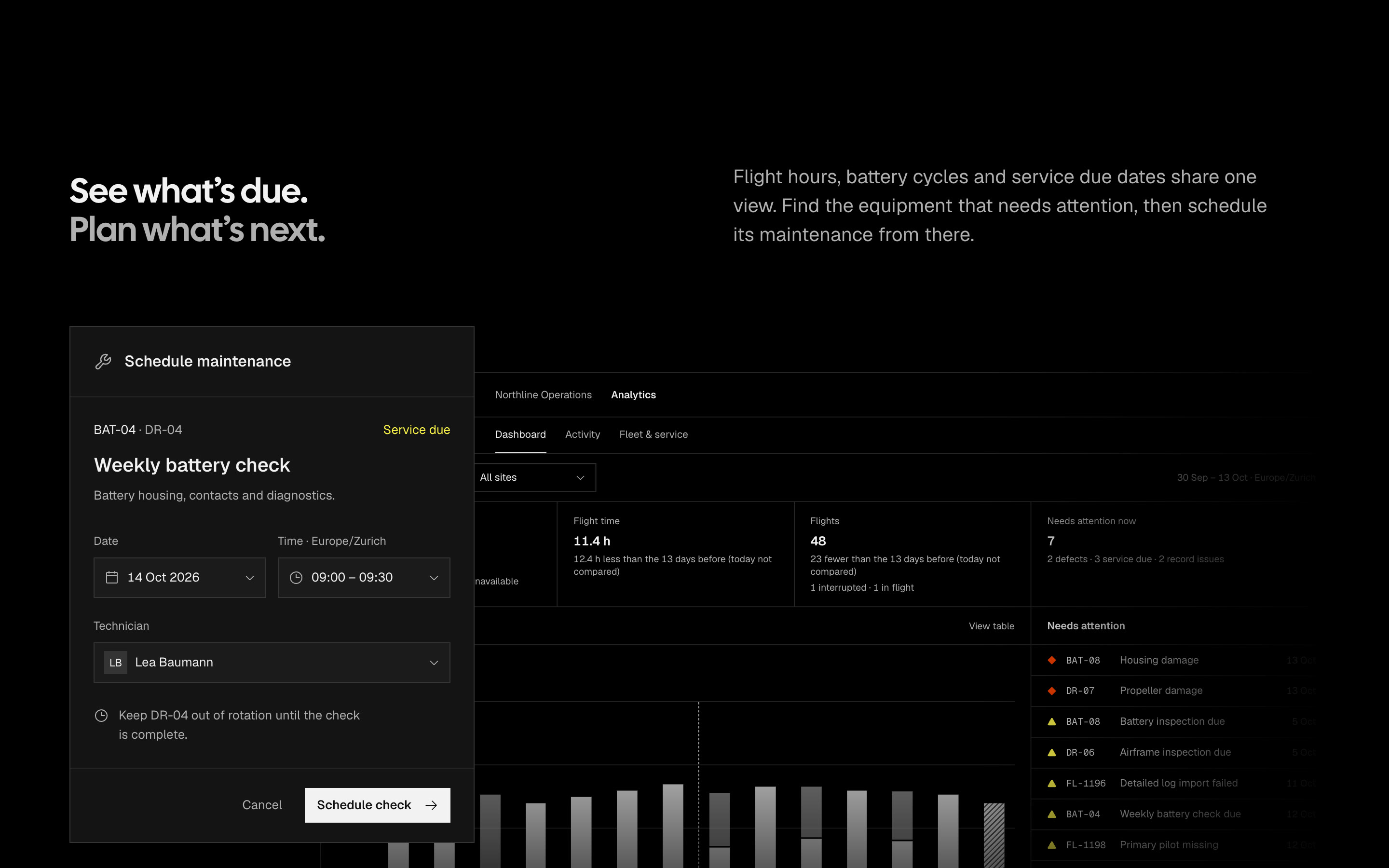 A section of Marvin's landing page: See what's due, plan what's next, with a maintenance form over the fleet dashboard