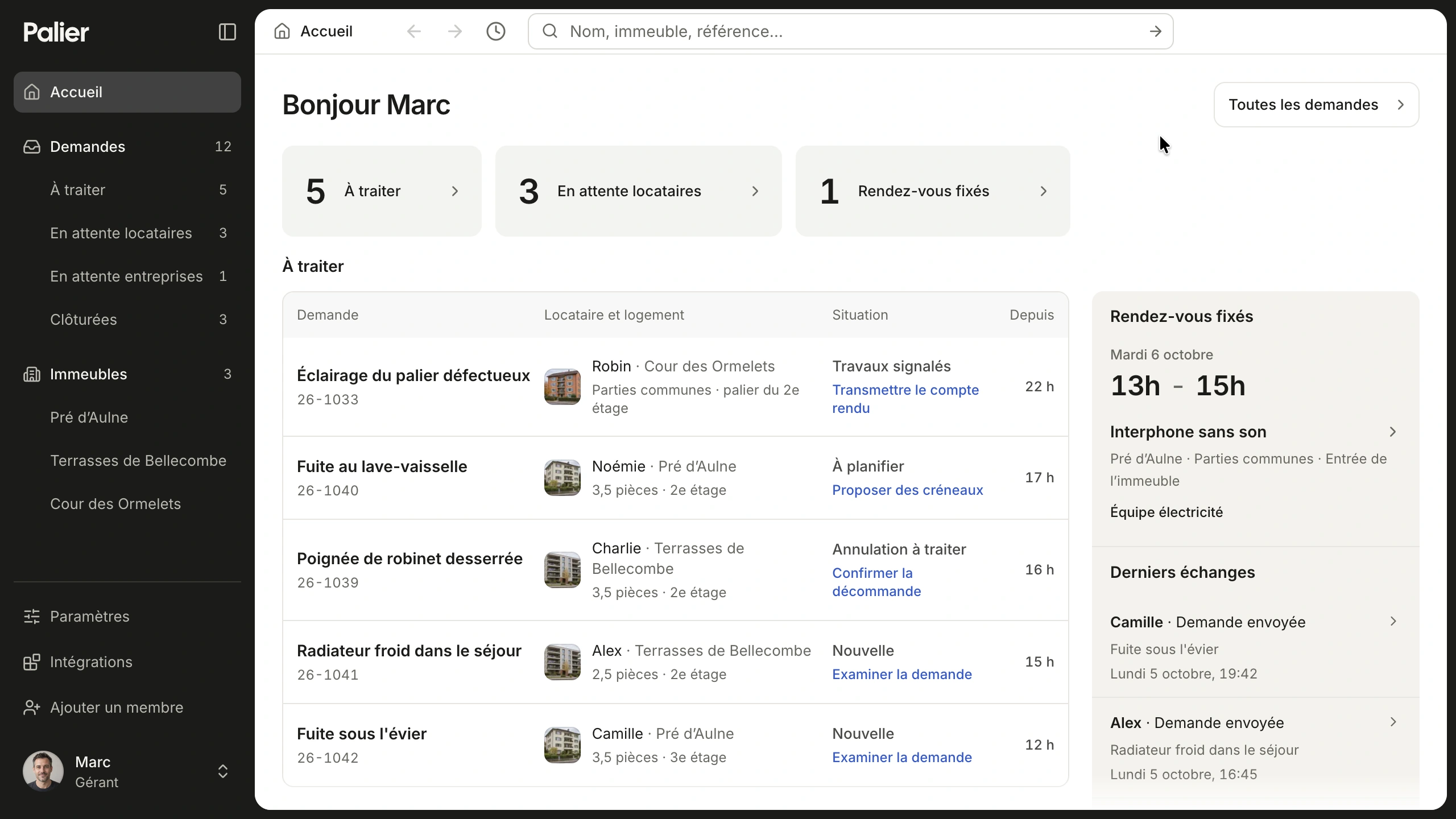 Palier dashboard with maintenance requests and waiting counts