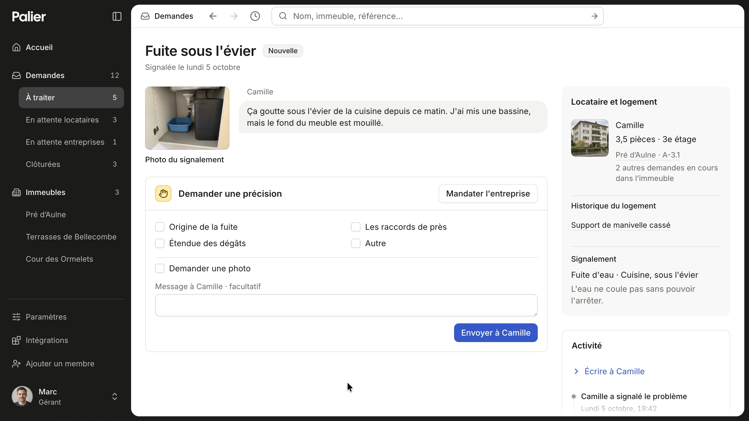 Palier maintenance request with tenant photos and clarification controls
