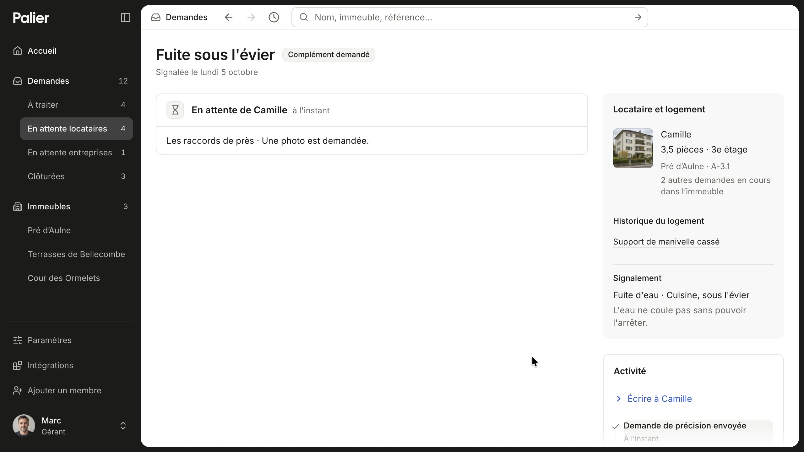 Palier request awaiting the tenant's response, with its activity history