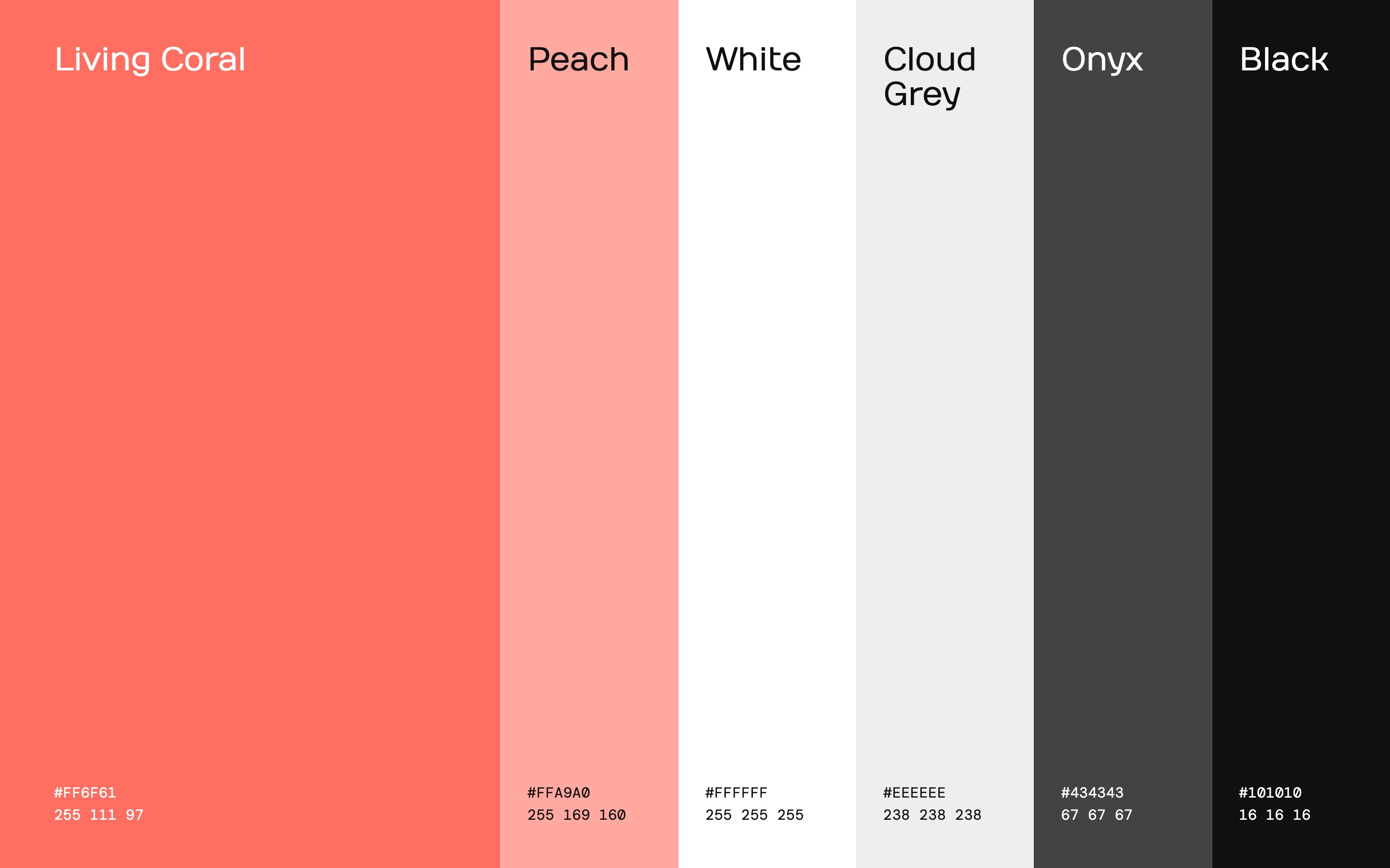 Colour plate: six vertical bands, Living Coral FF6F61 the widest, then Peach FFA9A0, White FFFFFF, Cloud Grey EEEEEE, Onyx 434343 and Black 101010, each named at the top with its HEX and RGB values at the foot