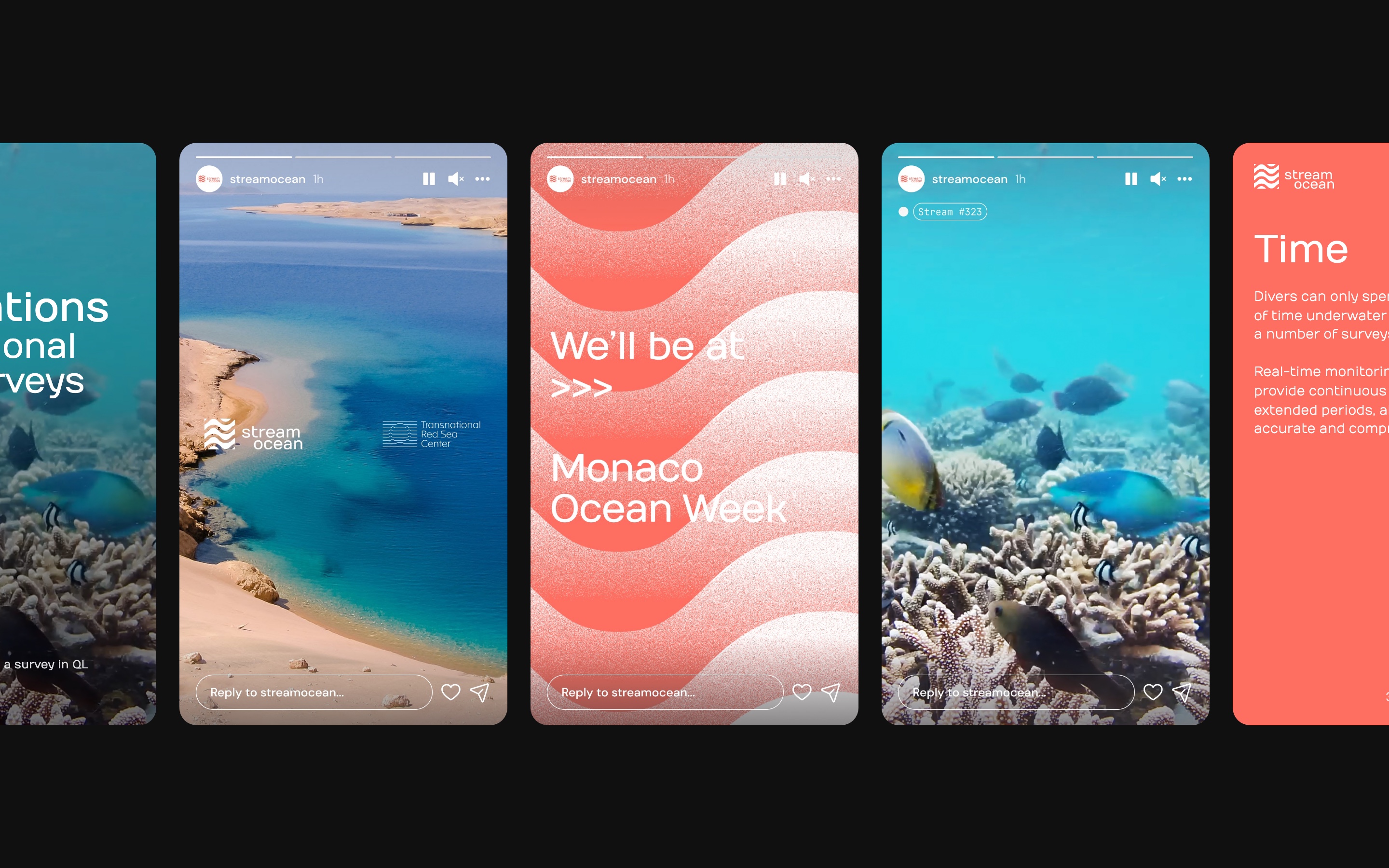Five phone screens on black, the outer two cut by the edge: an editorial post, 5 limitations of traditional diver surveys, over reef footage; a story of a Red Sea bay with the Transnational Red Sea Center; the Monaco Ocean Week story on the grainy wave; a numbered stream from a camera; and a coral swipe card titled Time