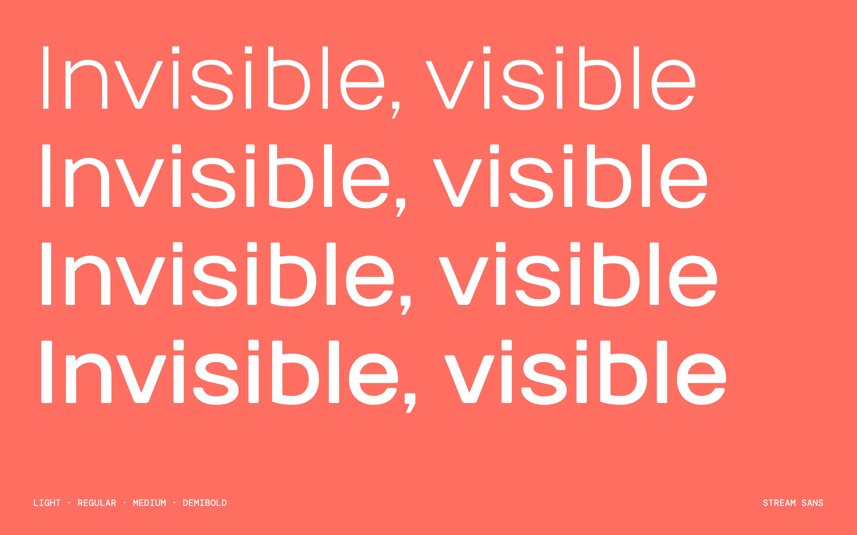 Four lines of Invisible, visible in white on Living Coral, one per weight: Light, Regular, Medium, Demibold